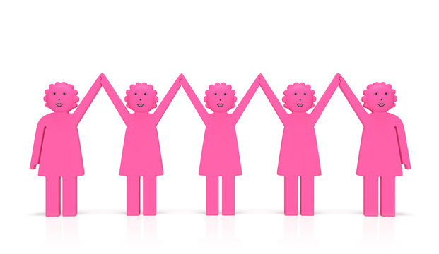 Women equality day or feminism (creative concept). Happy jubilant united women hold hands and smile as symbol of feminist movement, fight against female discrimination, equal rights