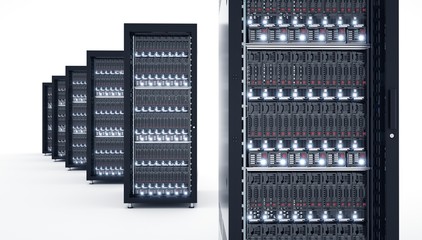 Isolated Servers in datacenter. Cloud computing data storage. 3d