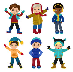 Set of characters funny boys in winter.