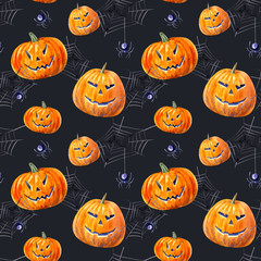 seamless pattern with pumpkin lanterns, web and spider .watercolor hand drawn illustration.black background.