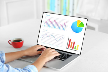 Woman working with laptop. Analysis graph and diagram on screen.