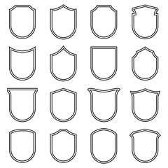 Shield icons set, outlined, black isolated on white background, vector illustration.