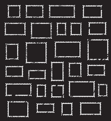 Grunge empty blank postage stamps different size, icons set, white isolated on black background, vector illustration.
