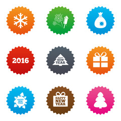 Christmas, new year icons. Gift box, fireworks.