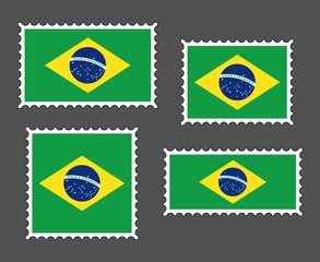 Brazil flag postage stamp set, isolated on grey background, vector illustration.
