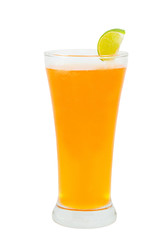 orange juice  and lemon in a glass on white background