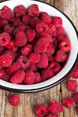 raspberries in a bowl on a table