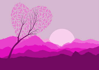 Fototapeta na wymiar Silhouette of forest and mountain with pink background