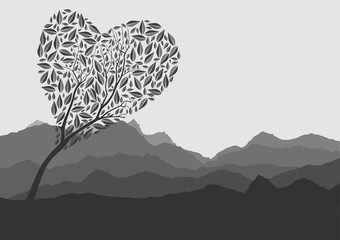 Silhouette of forest and mountain with gray background