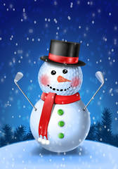 Snowman golfer with irons in black hat on golf ball. Vector illustration on blue background with snowflakes
