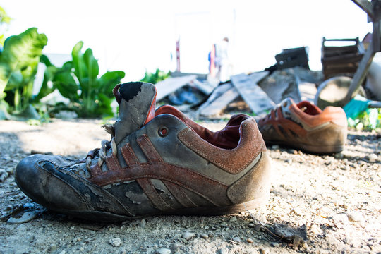 Worn sports shoes