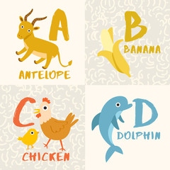 Naklejka premium Cute Animal Alphabet Set : Letter A,B,C,D : Vector Illustration