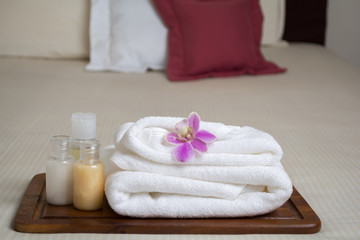 Obraz na płótnie Canvas Soap, shampoo, towels in a room hotel and resort,