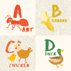 Cute Animal Alphabet Set : Letter A,B,C,D : Vector Illustration