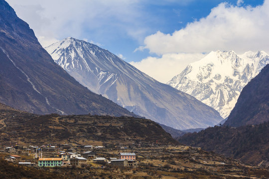 Langtang village valley and scenery of himalaya mountain range