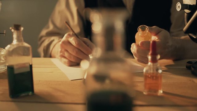 urn of the century chemist or pharmacist taking notes from a chemical 