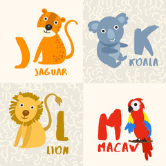 Cute Animal Alphabet Set : Letter J,K,L,M : Vector Illustration