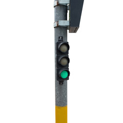 Small green traffic light for pedestrian crossing isolated on white background