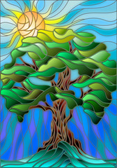 Naklejki  Ilustracja w stylu witrażu z drzewem na tle nieba i słońca