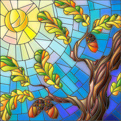 Naklejki  Ilustracja w stylu witrażu z liśćmi dębu na tle nieba i słońca