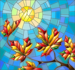 Illustration in stained glass style with maple leaves on background sky and sun