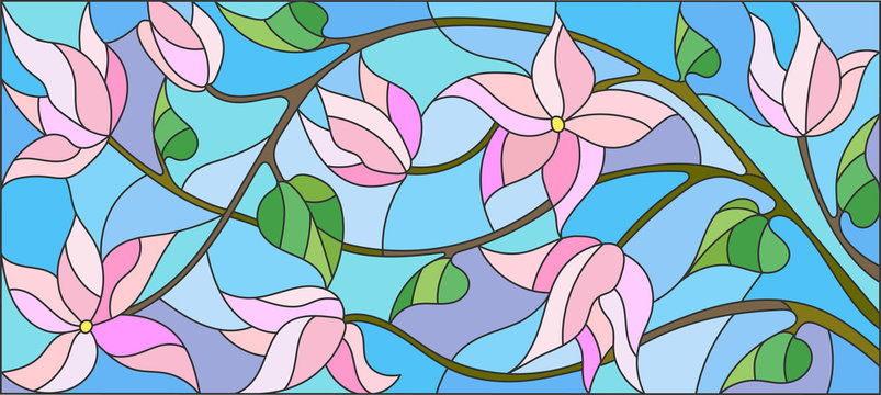 Illustration in stained glass style with abstract cherry blossoms on a blue background