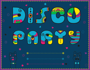 Disco Party. Invitation to party. Funny blue font