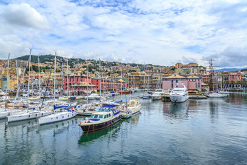 Fototapeta na wymiar Genoa port sea view with yachts