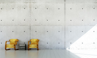3D render minimal living area and yellow chair