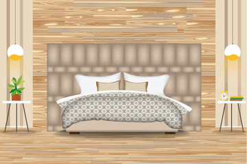 Modern Style Interior Design Vector Illustration.Bed in Front of Parquet Wall. Side Tables,Chandeliers,Artwork.Cartoon Bedroom. Elevation. Bedding and Furniture