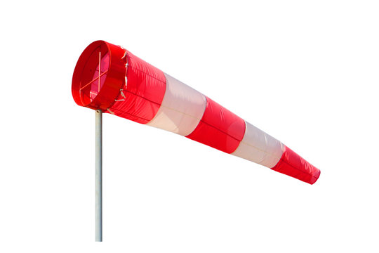 Meteorology windsock inflated by wind, isolated on white background.