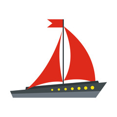 Boat with red sails icon in flat style isolated on white background. Sea transport symbol