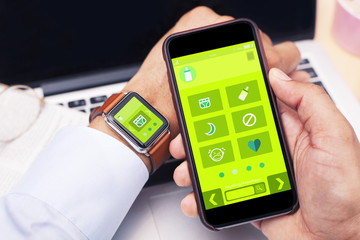 Businessman father using app to help parenting, with copy space