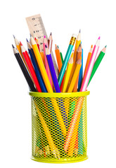 basket with colored pencils
