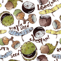 Vector Seamless Pattern with Watercolor Seeds, Nuts and Calligra