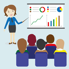 Business woman leading a presentation. Vector image of a modern flat style