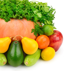 Fruits, vegetables and herbs isolated on white background.