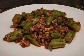 Wok fried okra with squid and sambal paste