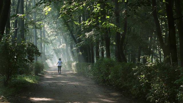 Woman running in the morning along walkway in the park in the slanting rays of the rising sun.
