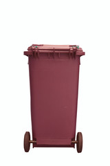 red plastic garbage bin isolated on white background