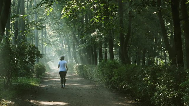 Woman running in the morning along walkway in the park in the slanting rays of the rising sun.