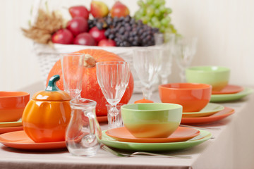Thanksgiving Day. Festive lunch with traditional table decoratio