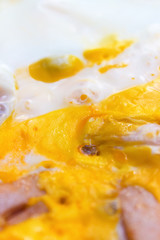 background, the yolk and white scrambled eggs , top view