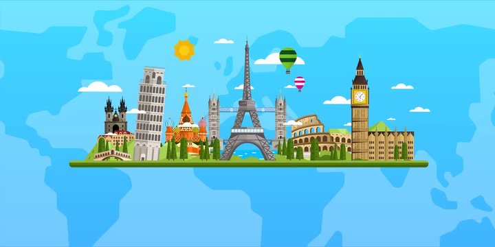 Welcome to Europe, travel on the world concept, traveling background video animation. Tourism and vacation theme. Travel landmarks design. Vacation destinations. Landmarks collage. World travel.