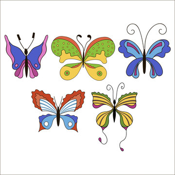 Set of cute cartoon colored butterflies isolated on white backgr