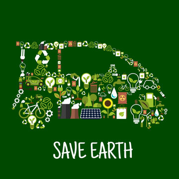 Eco car silhouette with green energy flat icons