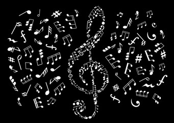 Black and white treble clef with musical notes
