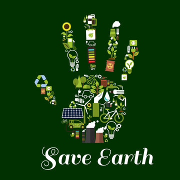 Hand symbol with ecological energy flat icons