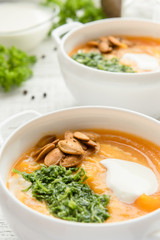 Pumpkin soup wih seeds in a white bowls