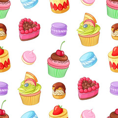 Assorted colorful desserts, cupcakes and macaroons. Seamless vector pattern.
